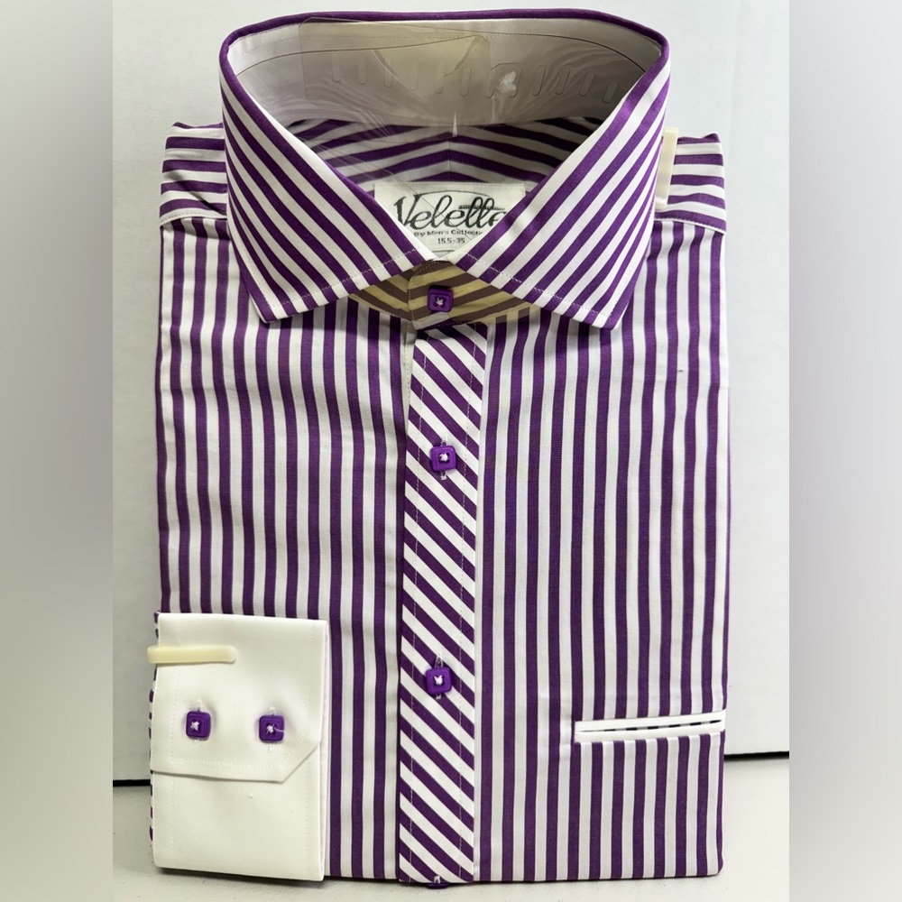 Velette Men Dress Shirt White Purple Strip 15.5-35 Sz M Long Sleeve NEW